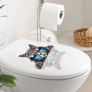 3D cartoon grey tabby cat wearing blue sunglasses sticker for toilet lid bathroom decor