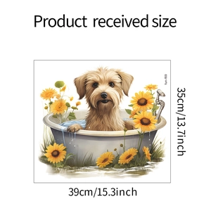 Detailed dimensions of cartoon dog in bathtub wall sticker, size 39cm by 35cm