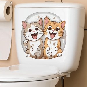 Cartoon Cute Couple Cat Toilet Sticker Waterproof PVC Bathroom Wall Decal For Home Decoration Removable Animal Art Mural