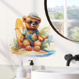 Wandtattoo für Kinderzimmer mit surfendem Teddybär im hawaiianischen Strand-Design