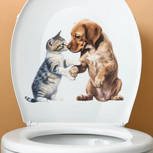 Detailed view of 3D cat and dog handshake toilet lid sticker in cozy bathroom setting