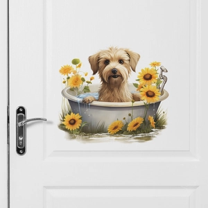 Cartoon dog taking a bath wall sticker with sunflowers on white wooden door decoration
