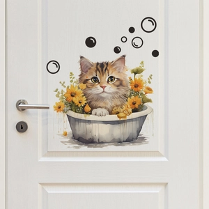 Cartoon cat bathing in sunflower tub wall sticker for bathroom and door decoration