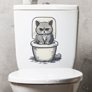 Autocollant chat dessin animé gris en colère pour réservoir de toilette et mur de bain