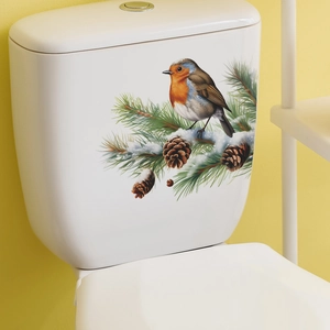 Cartoon robin bird on snowy pine branch wall sticker for bathroom toilet decor