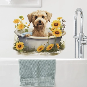 Cartoon dog in bathtub wall sticker with sunflowers for bathroom home decor