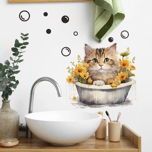 Detailed view of cartoon cat in a bathtub wall sticker with bright yellow sunflowers