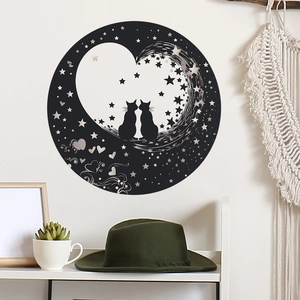 Romantic Black Cat Heart Stars Wall Stickers Couple Silhouette PVC Self-Adhesive Wall Decals For Bedroom Living Room Decor