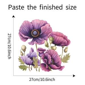 Detail view of purple floral wall sticker showing the finished 27cm size and poppy pattern