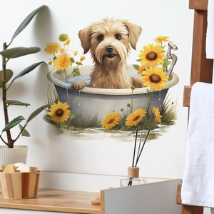 Cartoon Puppy Dog In Bathtub With Sunflowers Bathroom Wall Sticker PVC Waterproof DIY Home Decor Mural For Toilet Room