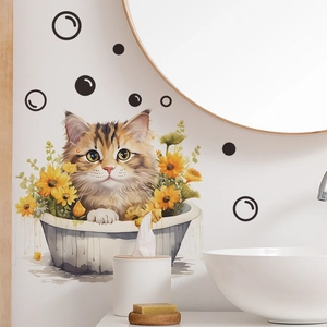 Cartoon orange cat in sunflower bathtub wall sticker for bathroom decoration
