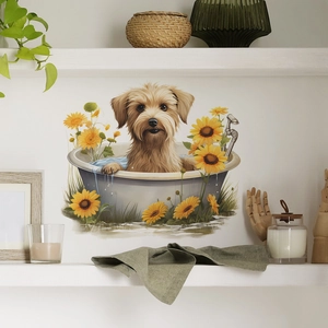 Cute cartoon puppy dog in bathtub wall sticker with sunflowers for bathroom decor