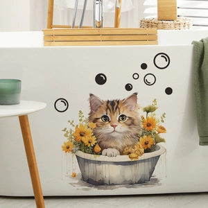 Cartoon tabby cat bathing with sunflowers wall decal for bathroom tub decor