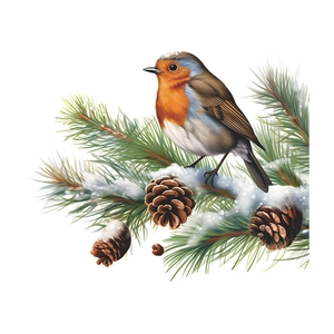 Cartoon robin bird on snow-covered pine branch wall sticker for bathroom decor