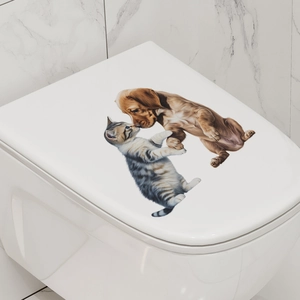 Cute cartoon cat and dog wall sticker for creative bathroom and toilet seat decoration