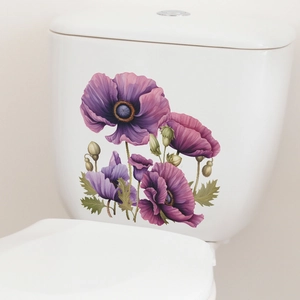 Self-adhesive purple poppy flower wall stickers for bathroom toilet tank decoration