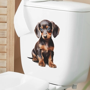Sticker 3D chiot teckel réaliste appliqué sur le réservoir de toilette blanc