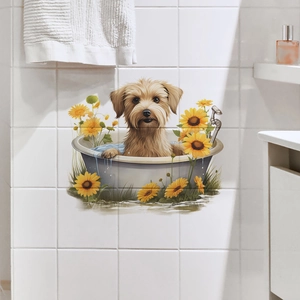 Detail of cute puppy in bathtub wall sticker with sunflowers on white bathroom tiles
