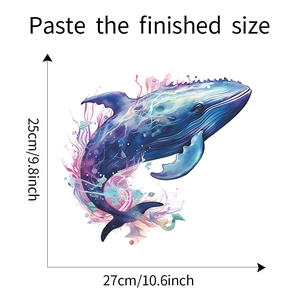 Detail view of watercolor whale wall sticker showing finished 27cm by 25cm dimensions