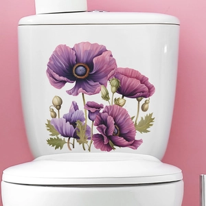 Waterproof purple floral poppy wall decals for bathroom toilet tank decoration
