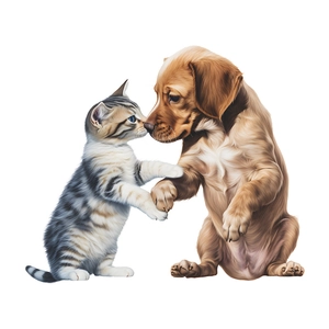 Cute cartoon cat and dog handshake wall sticker for bathroom decor on white background