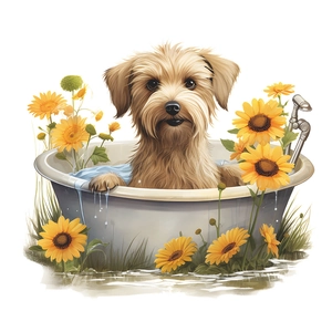 Cartoon brown dog bathing in a white tub with yellow sunflowers wall sticker