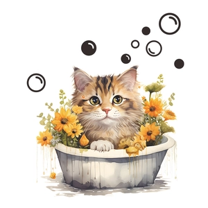 Cartoon ginger cat in flower-filled bathtub wall sticker for bathroom decor