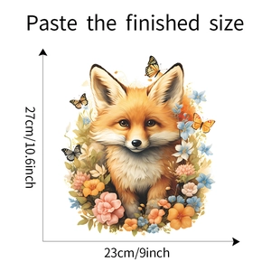 Detail view of fox and flower toilet sticker with dimensions 27cm x 23cm on white backdrop