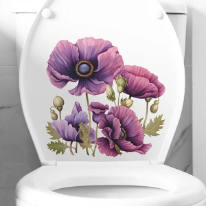 Purple Poppy Flower Toilet Sticker Waterproof PVC Self-Adhesive Bathroom Decal For Lid Tank Home Bathroom Decorative Mural