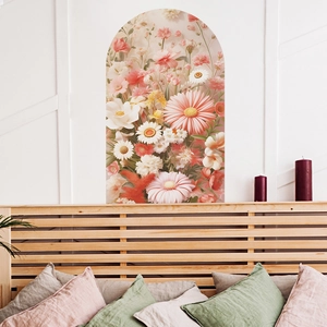 Floral arch wall sticker with pink daisies above a cozy bed in a modern bedroom