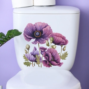 Purple poppy flower bathroom wall stickers on a white toilet tank for home decor