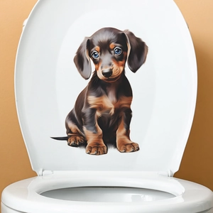 Sticker 3D réaliste de chiot teckel appliqué sur un abattant de WC blanc de salle de bain