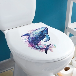Watercolor whale decal for toilet lid decor, creative ocean themed bathroom wall sticker