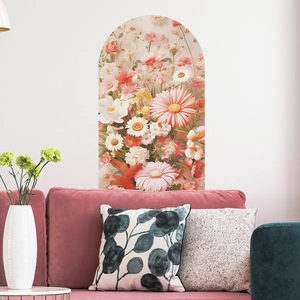 Arch-shaped floral wall sticker with pink and white daisies for living room home decor