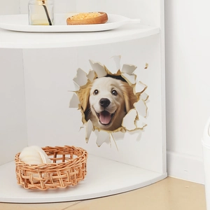 3D golden retriever puppy wall sticker with realistic broken wall effect for home decor
