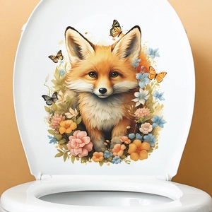 Cartoon fox flower toilet lid decal with colorful butterfly and floral mural stickers