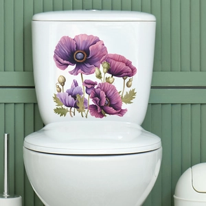 Detail view of purple poppy floral waterproof PVC stickers on a white ceramic toilet tank