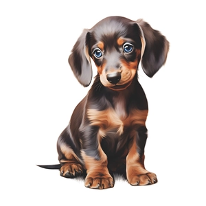Sticker mural 3D réaliste chiot teckel pour salle de bain avec yeux bleus et pelage marron