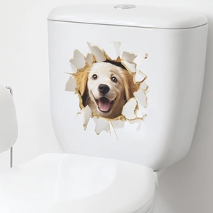 Close-up of 3D Golden Retriever puppy sticker with creative hole-effect on toilet tank