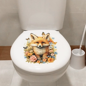 Cartoon fox with colorful flowers and butterflies on a white decorative toilet lid cover decal