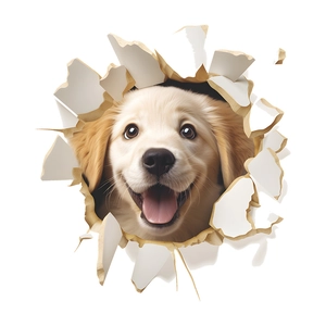 3D realistic golden retriever puppy wall sticker with creative broken wall effect