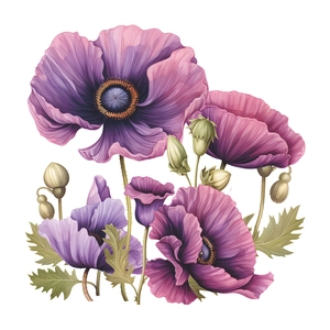 Elegant purple poppy flower wall stickers for bathroom and home decoration with green leaves