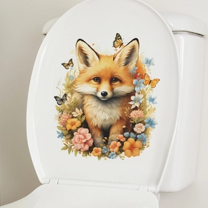 Fox Floral Butterfly Toilet Seat Sticker Removable PVC Decorative Wall Decal For Bathroom Home Decor Cartoon Animal Illustration