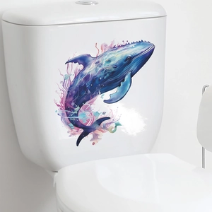 Detail of watercolor whale toilet sticker applied on a clean white ceramic tank