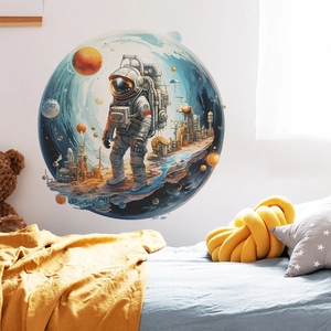 Detail of round astronaut space wall sticker showing a colorful scifi cosmic illustration
