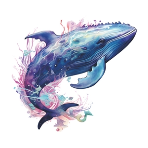 Dreamy blue and purple watercolor whale wall sticker for bathroom and home decor