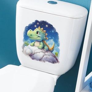 Cute green dinosaur sleeping on clouds wall sticker for bathroom decor in blue star sky