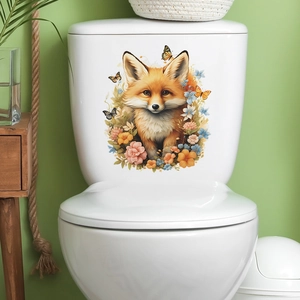 Cartoon fox and floral watercolor toilet sticker decoration on white tank surface
