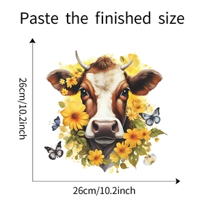 Detailed size guide for cartoon cow and floral vinyl wall sticker measuring 26x26 cm