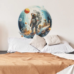Round space wall sticker with astronaut and planet illustration for kids bedroom